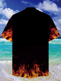 Eye-Catching Black Awesome Skull With Fire Printing Cuban Collar Hawaiian Short Sleeve Shirt