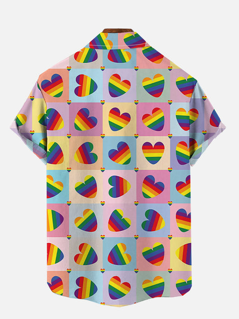 Color Block Splicing Rainbow Heart Pattern Printing Breast Pocket Short Sleeve Shirt
