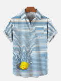 Cute Little Yellow Duck Swimming Blue Stripes Printing Short Sleeve Shirt Shirt with Breast Pocket