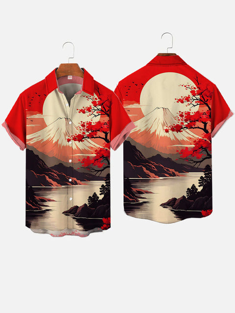 Ukiyo-E Japanese Style Mount Fuji And Red Floral Printing Short Sleeve Shirt