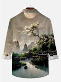 Mysterious Oriental Natural Scenery Stone Steps And Stream Painting Printing Long Sleeve Shirt