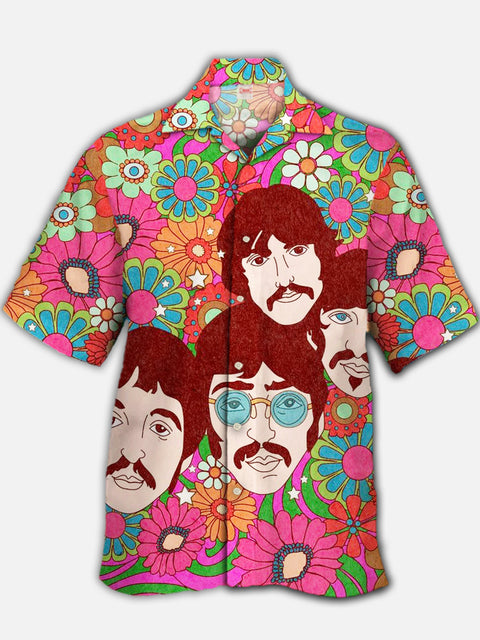 Eye-Catching Colorful Psychedelic Hippie Vintage Band Poster Printing Cuban Collar Hawaiian Short Sleeve Shirt