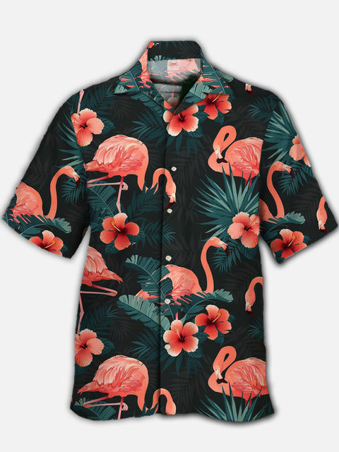 Eye-Catching Flamingo Among Tropical Plants And Flowers Printing Cuban Collar Hawaiian Short Sleeve Shirt