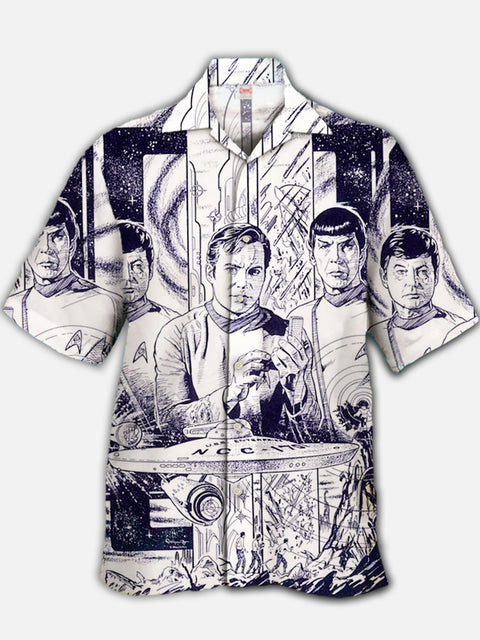 Eye-Catching Retro Poster Sci-Fi Space Fleet Printing Cuban Collar Hawaiian Short Sleeve Shirt