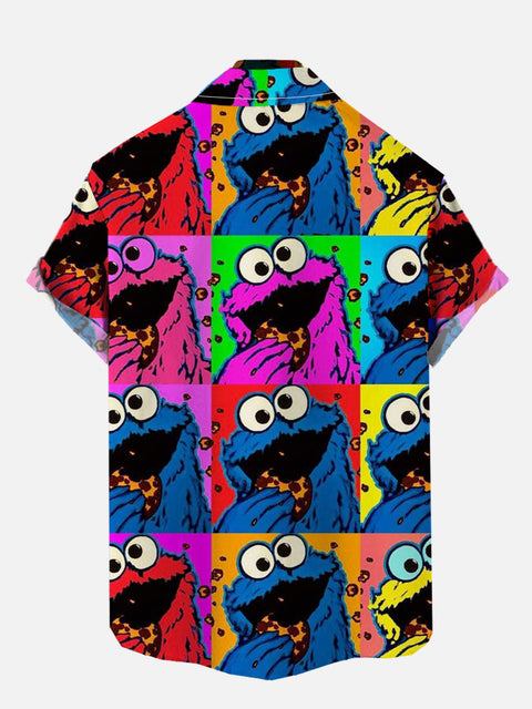 Cartoon Colorful Color Block Plush Cookie Monster Printing Breast Pocket Short Sleeve Shirt