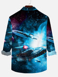 Mysterious Galaxy With Shining Stars And Spaceships Printing Breast Pocket Long Sleeve Shirt