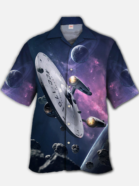 Eye-Catching Purple Stars Outer Space Sci-Fi Spaceship Printing Cuban Collar Hawaiian Short Sleeve Shirt