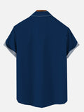 50S Retro Navy Striped Button Down Space Rocket Logo Button Down Short Sleeve Shirt