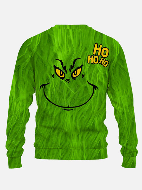 Green Furry Christmas Monster HO HO HO Cartoon Costume Printing Round Collar Sweatshirt