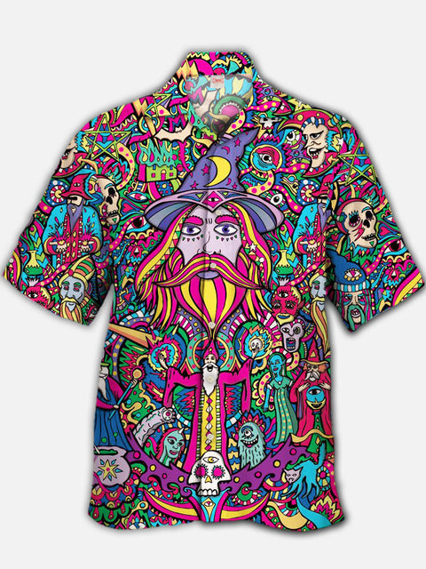 Eye-Catching Rainbow Psychedelic Wizard Art Painting Printing Cuban Collar Hawaiian Short Sleeve Shirt