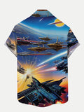 Retro And Sci-Fi Art Outer Space Spacecraft Battle Printing Short Sleeve Shirt