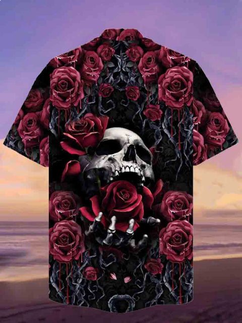 Eye-Catching Art Skulls Rose Flowers Branches Printing Cuban Collar Hawaiian Short Sleeve Shirt