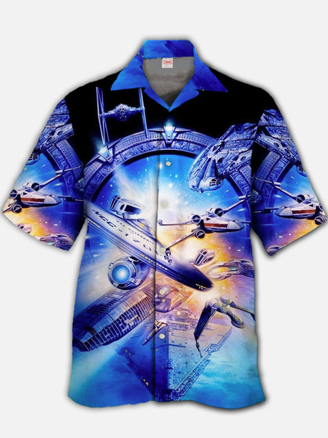 Eye-Catching Blue Sci-Fi Space Station And Spaceships Printing Cuban Collar Hawaiian Short Sleeve Shirt