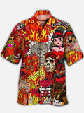 Eye-Catching Retro Colorful Tattoo Of Beauty, Skull And Demon Printing Cuban Collar Hawaiian Short Sleeve Shirt