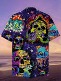 Eye-Catching Psychedelic Hippie Neon Retro Doodle Art Sugar Skull Printing Cuban Collar Hawaiian Short Sleeve Shirt