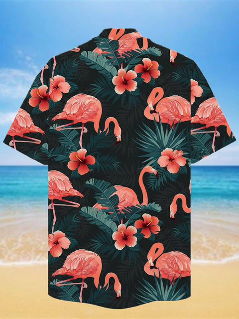 Eye-Catching Flamingo Among Tropical Plants And Flowers Printing Cuban Collar Hawaiian Short Sleeve Shirt