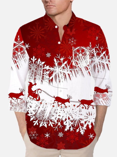 Retro Red And White Snowflakes And Reindeer Sleigh Printing Breast Pocket Long Sleeve Shirt
