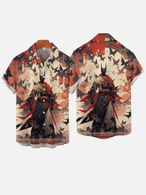 Ukiyo-E Art Horned Helmet Samurai And Butterflies Silhouette Printing Breast Pocket Short Sleeve Shirt