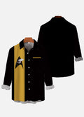 50s Black & Yellow Stripe Star Logo Spaceship Printing Breast Pocket Long Sleeve Shirt