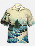 Eye-Catching Ukiyo-E Giant Monster Godzilla And River Printing Cuban Collar Hawaiian Short Sleeve Shirt