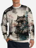 Mysterious Oriental Color Ink Painting Lonely Boat And Wooden House Printing Round Collar Sweatshirt