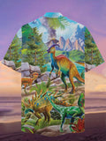 Eye-Catching Prehistoric Dinosaur Planet Printing Cuban Collar Hawaiian Short Sleeve Shirt