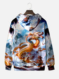 Mystical Oriental Watercolor Painting Mysterious Golden Dragon And Colorful Sky Printing Hooded Sweatshirt