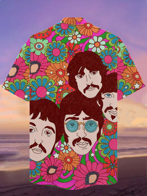 Eye-Catching Colorful Psychedelic Hippie Vintage Band Poster Printing Cuban Collar Hawaiian Short Sleeve Shirt