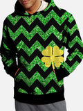 St. Patrick's Day Sparkling Green And Black Patchwork Four-Leaf Clover Printing Hooded Sweatshirt