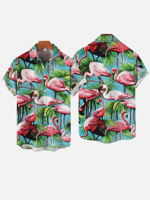 Classic Hawaii Coconut Trees And Flamingos On Blue Printing Short Sleeve Shirt