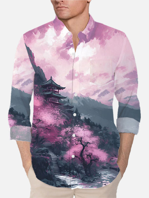 Ukiyoe Purple Paradise Ancient Pavilion Printing Breast Pocket Long Sleeve Shirt