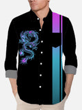 Vintage Black And Gradient Striped And Neon Dragon Totem Printing Breast Pocket Long Sleeve Shirt