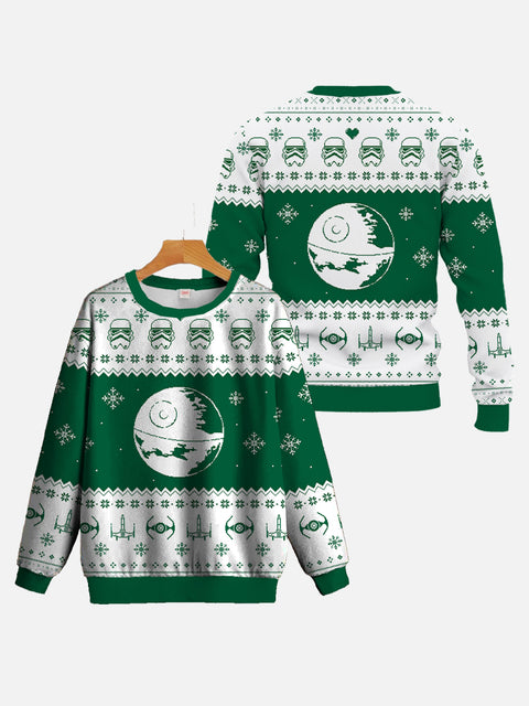 Green And White Space Planet Ugly Christmas Round Collar Sweatshirt