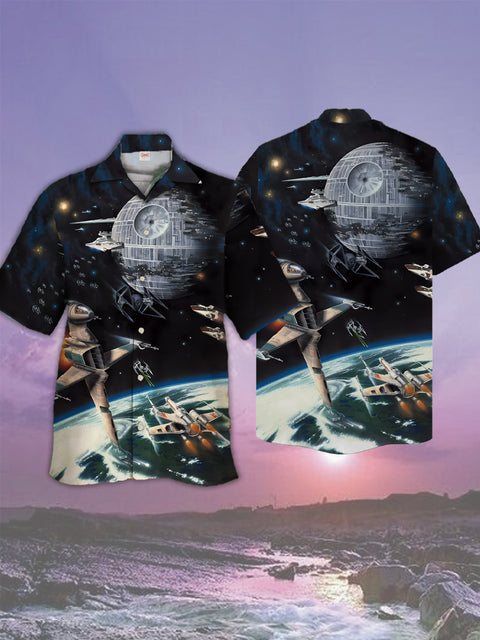 Eye-Catching Sci-Fi Space War Earth And The Space Station Printing Cuban Collar Hawaiian Short Sleeve Shirt