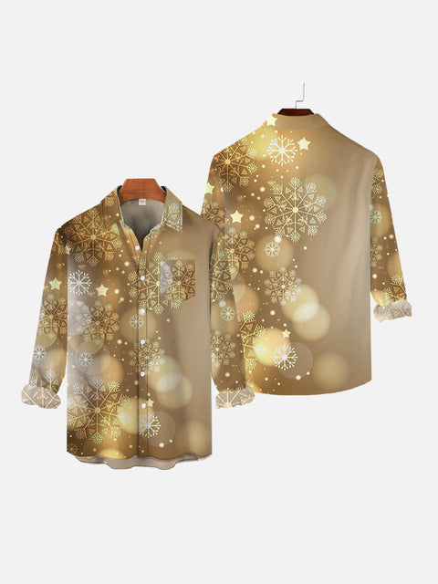 Christmas Party Gradient Golden Snowflakes And Glow Printing Breast Pocket Long Sleeve Shirt
