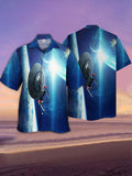 Eye-Catching Blue Outer Space Glowing Planet And Space Starship Printing Cuban Collar Hawaiian Short Sleeve Shirt