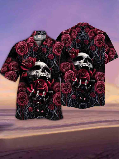 Eye-Catching Art Skulls Rose Flowers Branches Printing Cuban Collar Hawaiian Short Sleeve Shirt