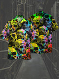 Eye-Catching Psychedelic Colorful Graffiti Skull Stack Printing Cuban Collar Hawaiian Short Sleeve Shirt