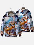 Mystical Oriental Watercolor Painting Mysterious Golden Dragon And Colorful Sky Printing Hooded Sweatshirt