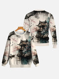 Mysterious Oriental Color Ink Painting Lonely Boat And Wooden House Printing Round Collar Sweatshirt