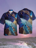 Eye-Catching Blue Space Galaxy And Sci-Fi Interstellar Travel Spaceship Printing Cuban Collar Hawaiian Short Sleeve Shirt