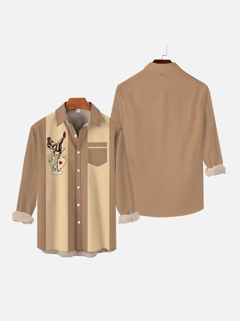 Retro Khaki Striped And Sexy Girl With Champagne Glass Printing Breast Pocket Long Sleeve Shirt