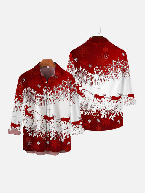 Retro Red And White Snowflakes And Reindeer Sleigh Printing Breast Pocket Long Sleeve Shirt