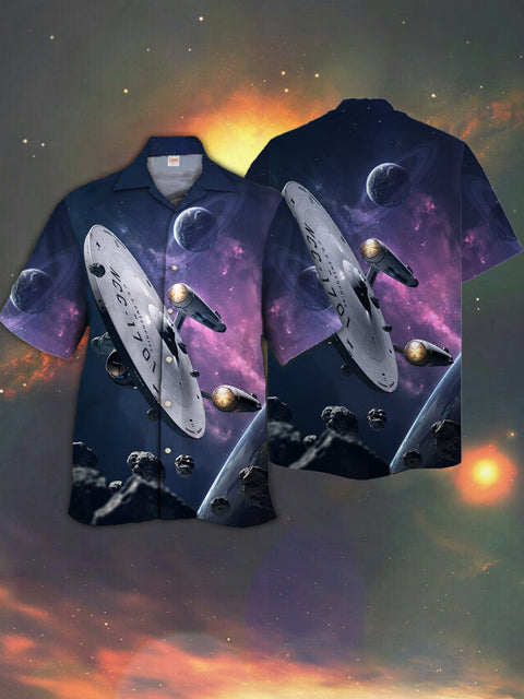 Eye-Catching Purple Stars Outer Space Sci-Fi Spaceship Printing Cuban Collar Hawaiian Short Sleeve Shirt