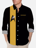 50s Black & Yellow Stripe Star Logo Spaceship Printing Breast Pocket Long Sleeve Shirt