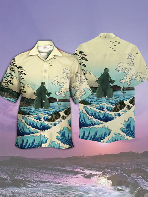 Eye-Catching Ukiyo-E Giant Monster Godzilla And River Printing Cuban Collar Hawaiian Short Sleeve Shirt
