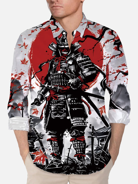 Vintage Ukiyo-E Japan Style Samurai Fighter Printing Long Sleeve Shirt
