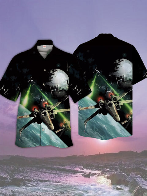 Eye-Catching Alien Planets And Sci-Fi Drones Printing Cuban Collar Hawaiian Short Sleeve Shirt