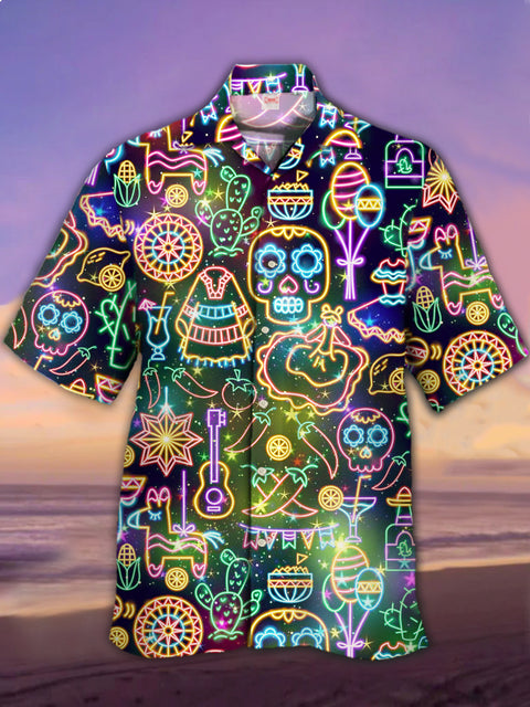 Eye-Catching Cinco De Mayo Neon Mexican Skull And Chili Peppers Printing Cuban Collar Hawaiian Short Sleeve Shirt