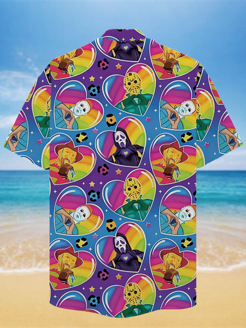 Eye-Catching Rainbow Heart Bubbles Horror Characters Printing Cuban Collar Hawaiian Short Sleeve Shirt